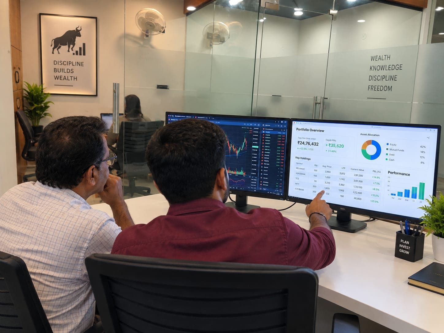 Portfolio review on dual monitors in a calm office